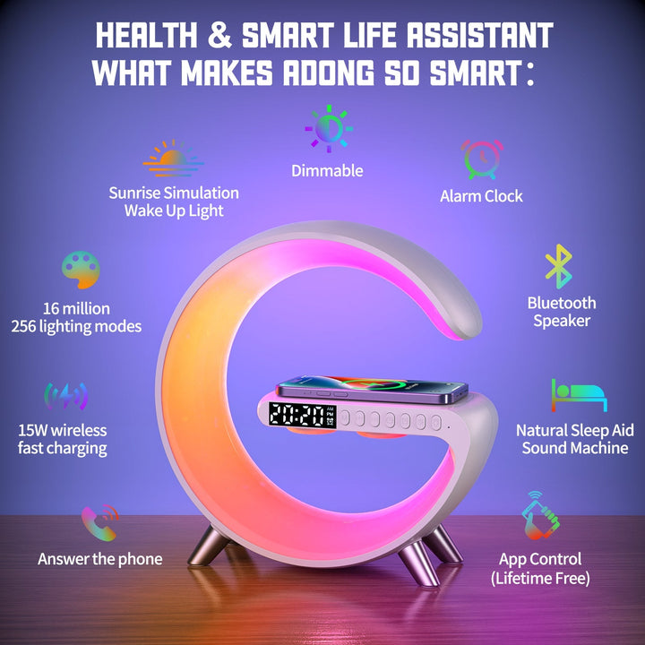Buy BT G table lamp with clock, 15W wireless charger &amp; sunrise alarm at buy at deensquare.com. Smart LED lamp in Dubai | UAE.