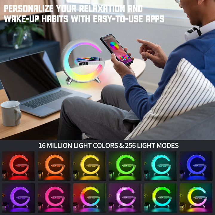 Buy BT G table lamp with clock, 15W wireless charger &amp; sunrise alarm at buy at deensquare.com. Smart LED lamp in Dubai | UAE.