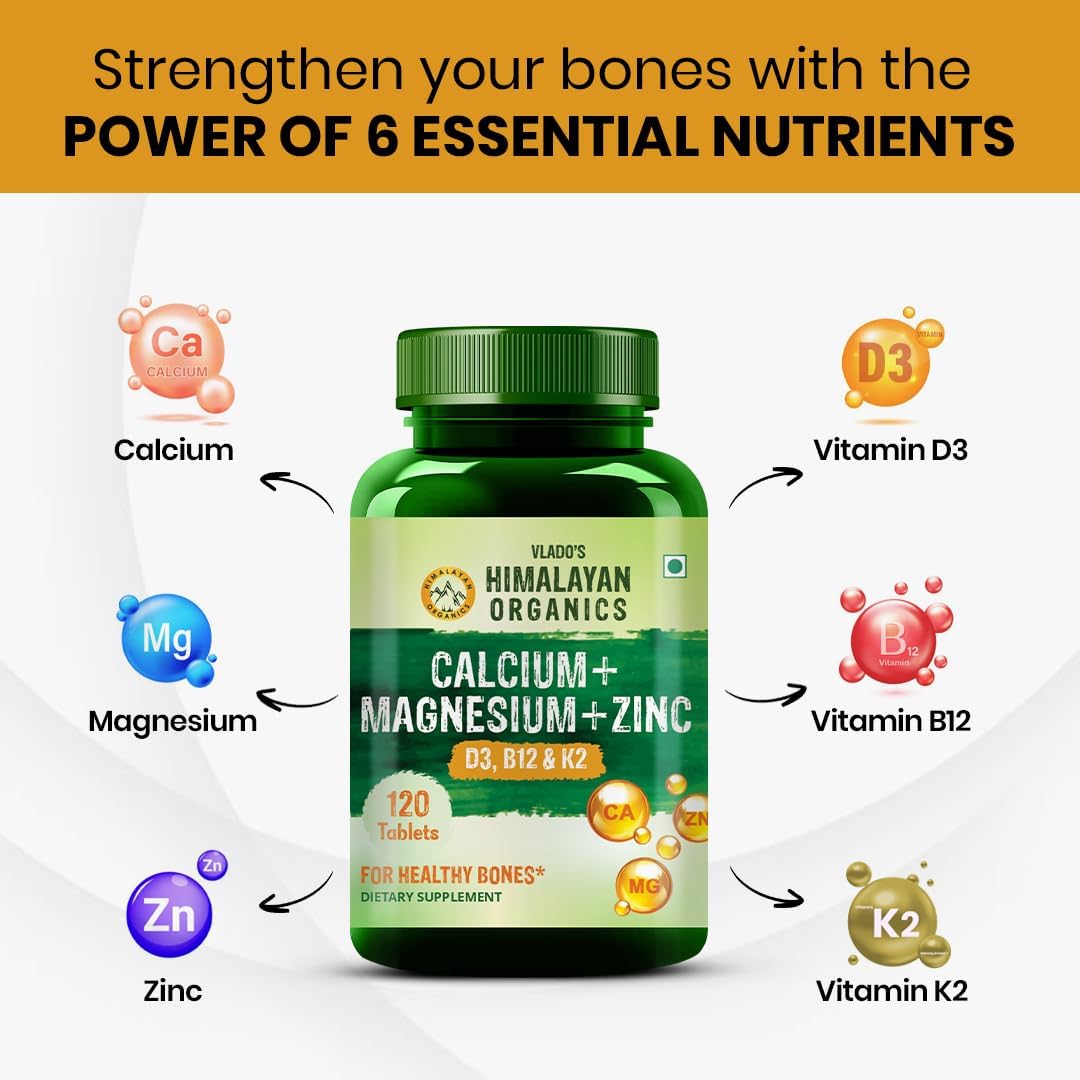Buy Himalayan Organics Calcium Magnesium Zinc D3 B12 K2 tablets in UAE. Supports bone and joint health with daily mineral support. Fast UAE delivery worldwide shipping.