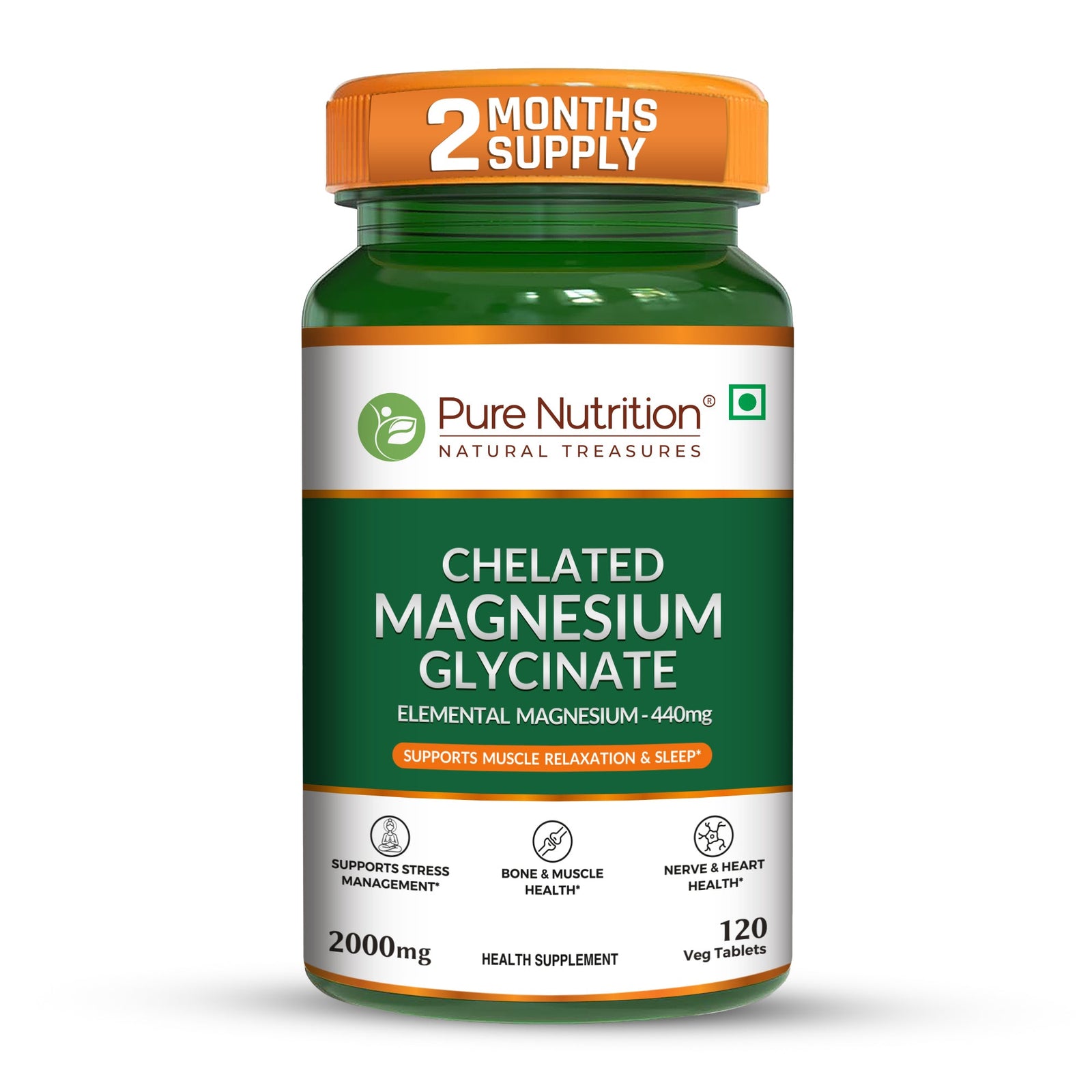 Pure Nutrition Chelated Magnesium Glycinate 2000mg Supplement - 120 Tablets