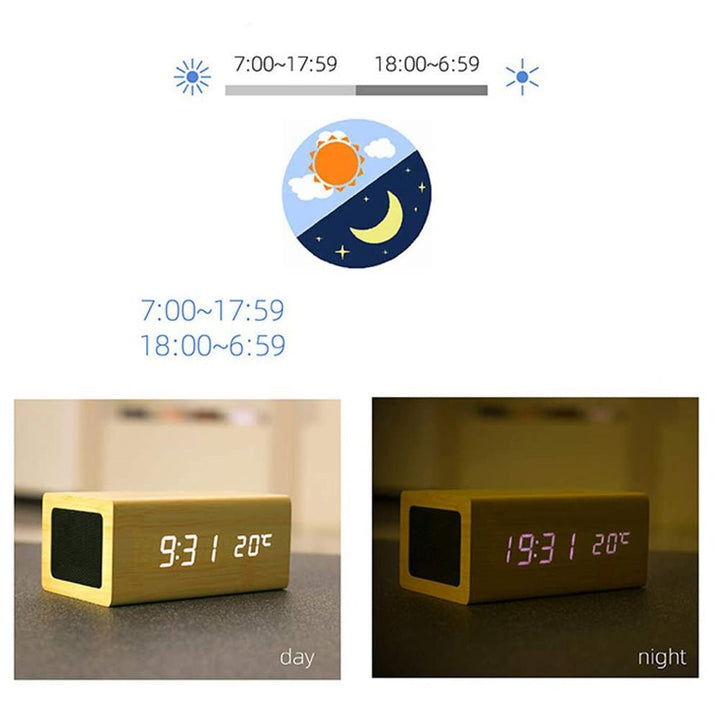 Buy CN1299 Wooden LED Clock with Bluetooth Speaker &amp; Wireless Charging at deensquare.com Dubai | UAE. Alarm, temperature &amp; humidity display.