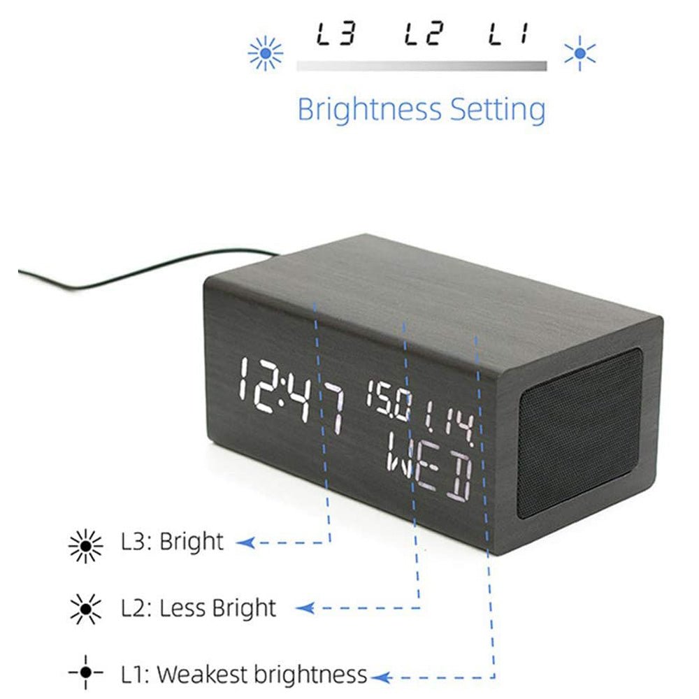 Buy CN1299 Wooden LED Clock with Bluetooth Speaker &amp; Wireless Charging at deensquare.com Dubai | UAE. Alarm, temperature &amp; humidity display.
