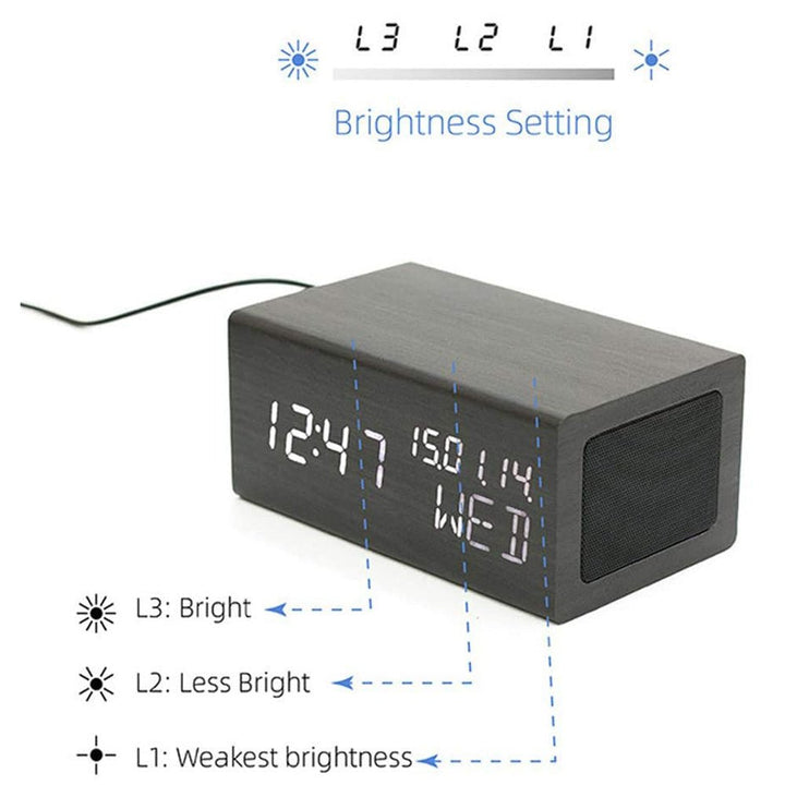 Buy CN1299 Wooden LED Clock with Bluetooth Speaker &amp; Wireless Charging at deensquare.com Dubai | UAE. Alarm, temperature &amp; humidity display.