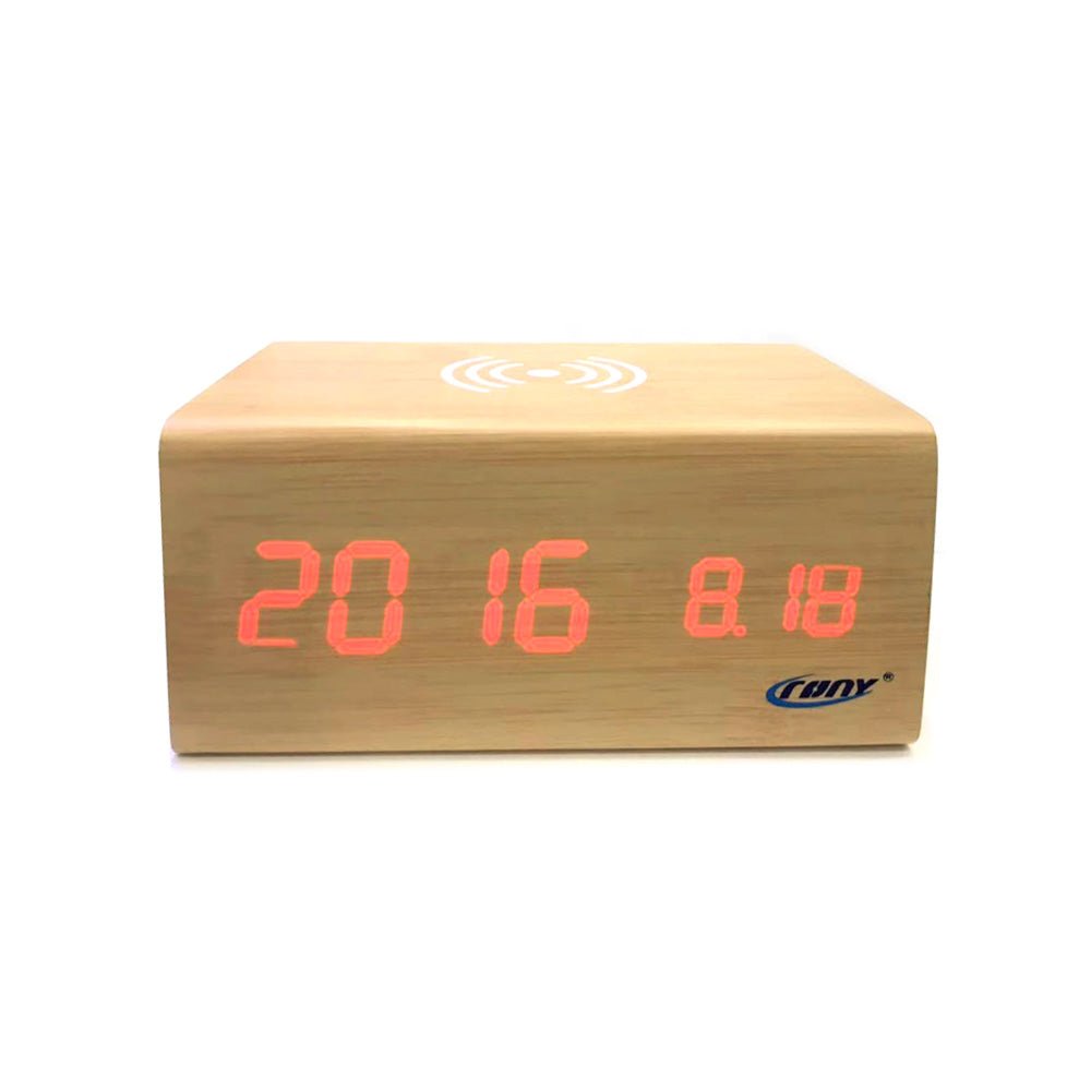 Buy CN1299 Wooden LED Clock with Bluetooth Speaker &amp; Wireless Charging at deensquare.com Dubai | UAE. Alarm, temperature &amp; humidity display.