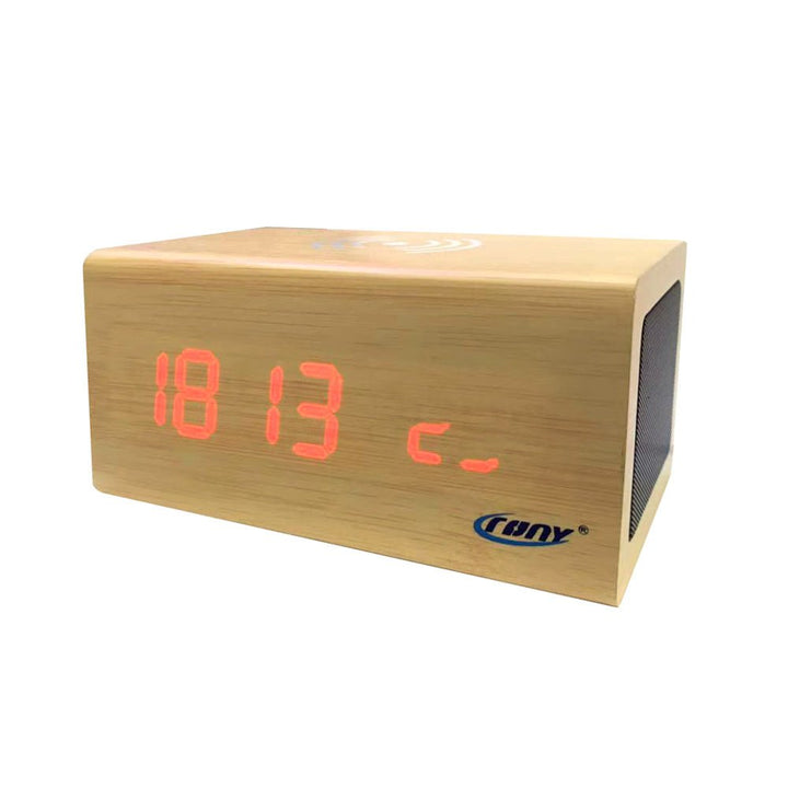Buy CN1299 Wooden LED Clock with Bluetooth Speaker &amp; Wireless Charging at deensquare.com Dubai | UAE. Alarm, temperature &amp; humidity display.