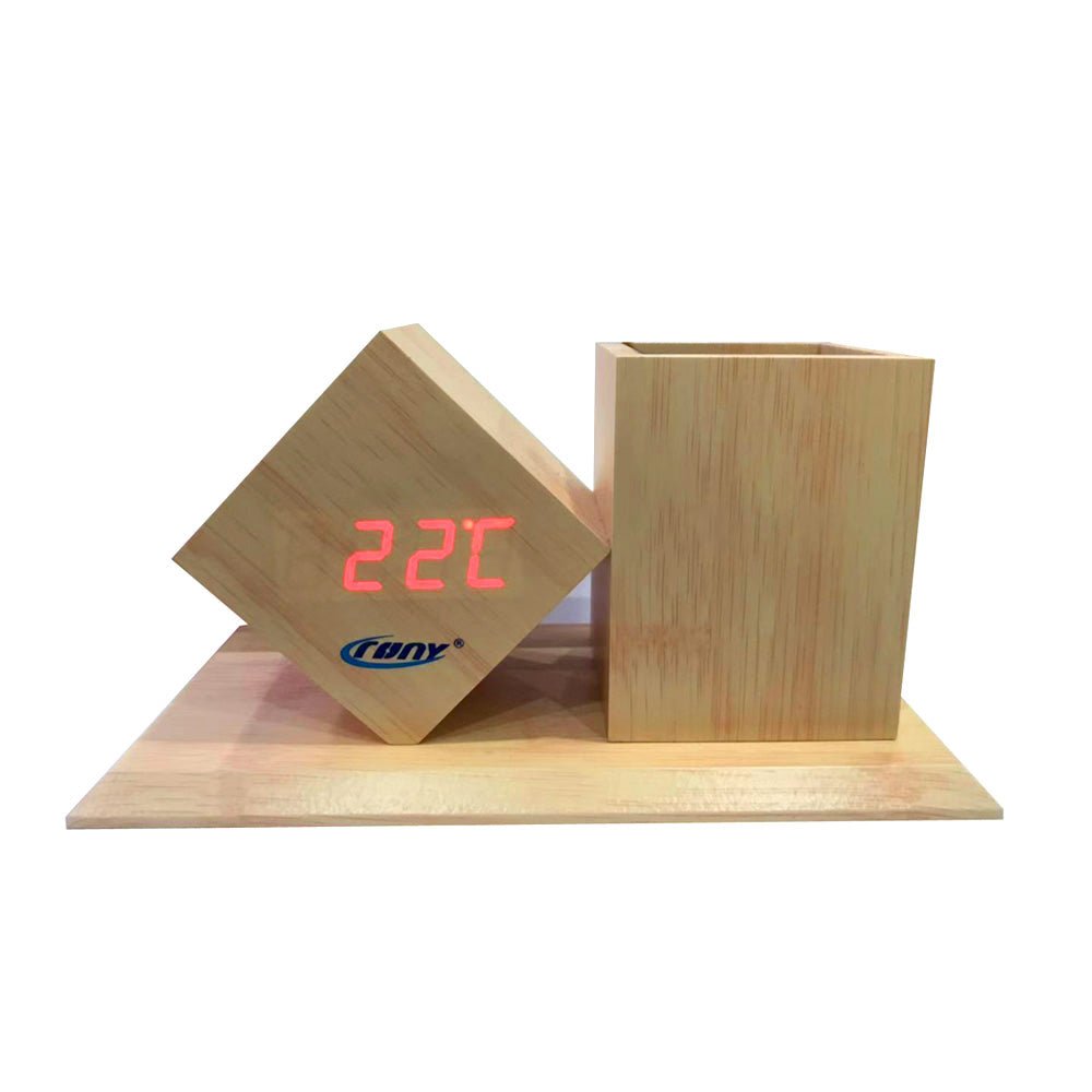 Buy CN2025 wooden pen holder with digital LED clock at deensquare.com. Stylish desk organizer for office &amp; home in Dubai | UAE.
