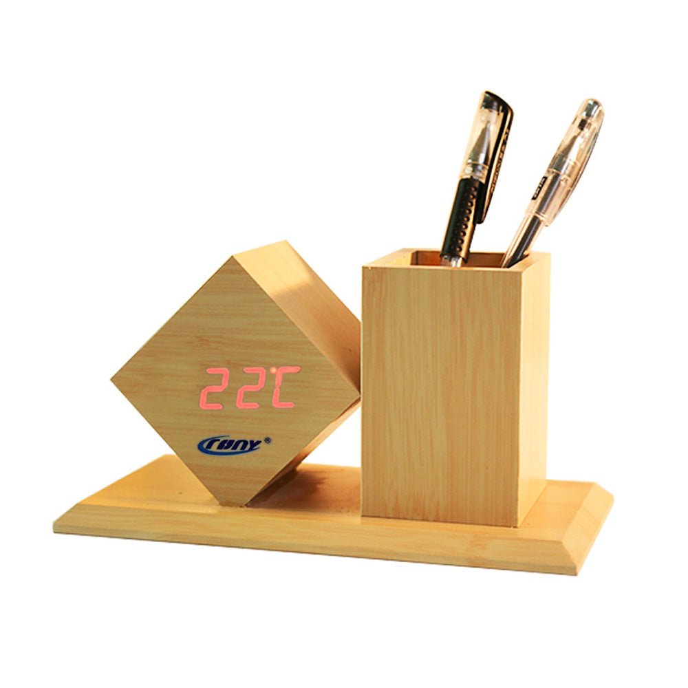 Buy CN2025 wooden pen holder with digital LED clock at deensquare.com. Stylish desk organizer for office & home in Dubai | UAE.