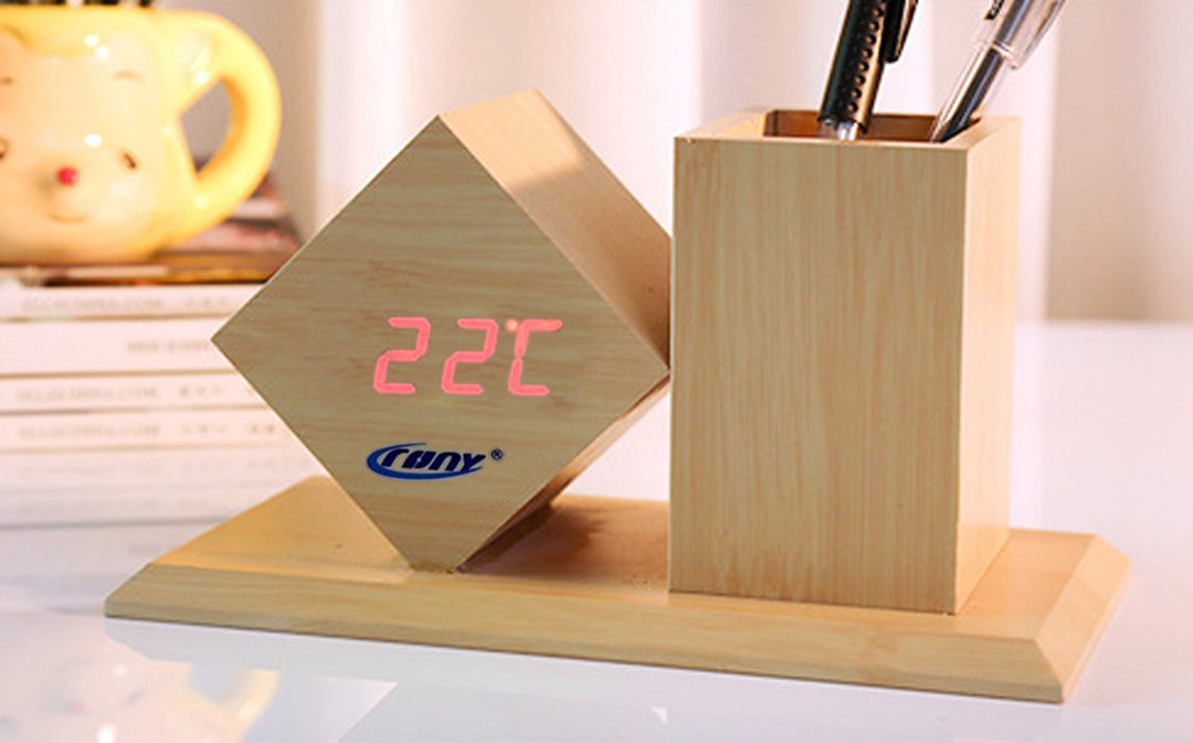 Buy CN2025 wooden pen holder with digital LED clock at deensquare.com. Stylish desk organizer for office &amp; home in Dubai | UAE.