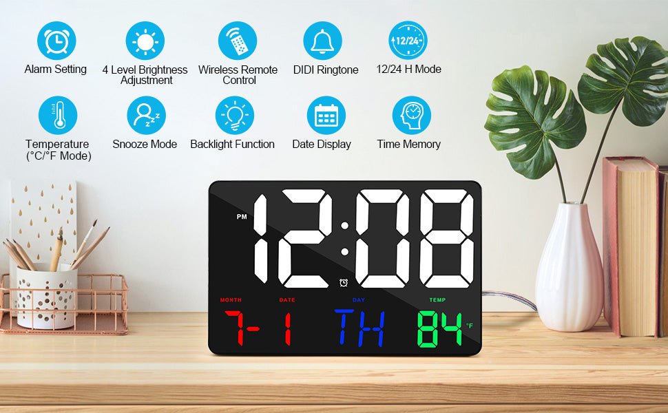 Modern Crony 717 digital wall clock with large white LED display showing time, date, day, and temperature with remote control.