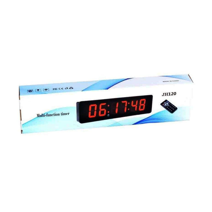 Red LED digital clock and stopwatch with remote control, suitable for gyms, schools, and sports training sessions.
