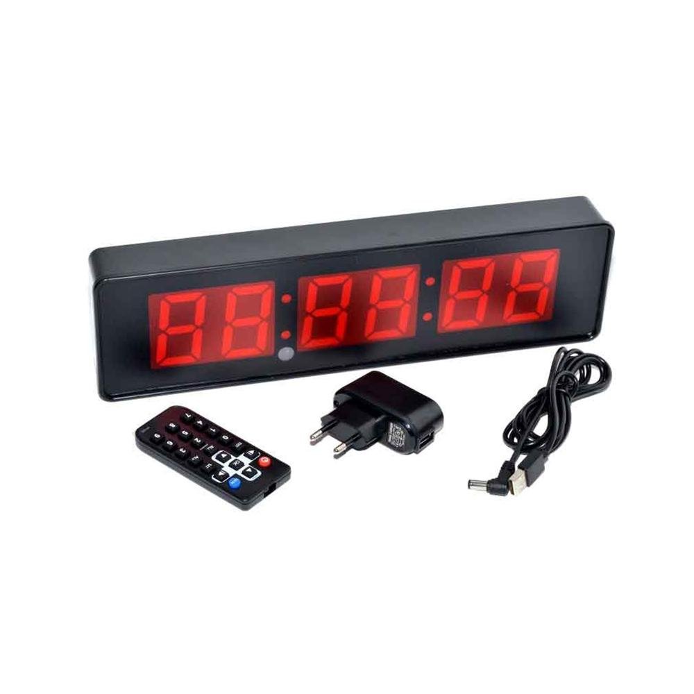 Red LED digital clock and stopwatch with remote control, suitable for gyms, schools, and sports training sessions.