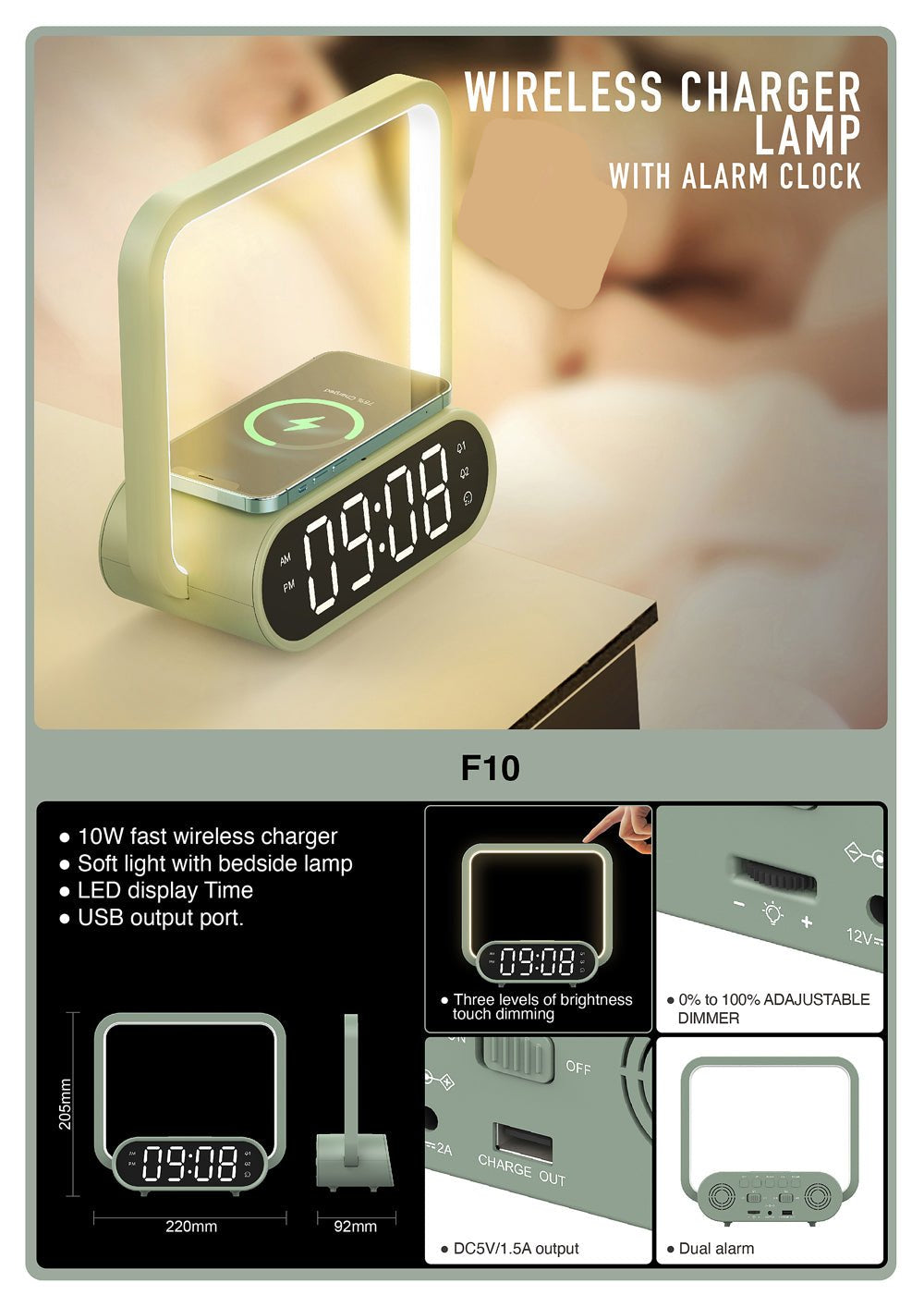 Buy F10 Wireless Charging Desk Lamp at deensquare.com Dubai | UAE. Features LED light, wireless charging, alarm clock &amp; touch dimming control.