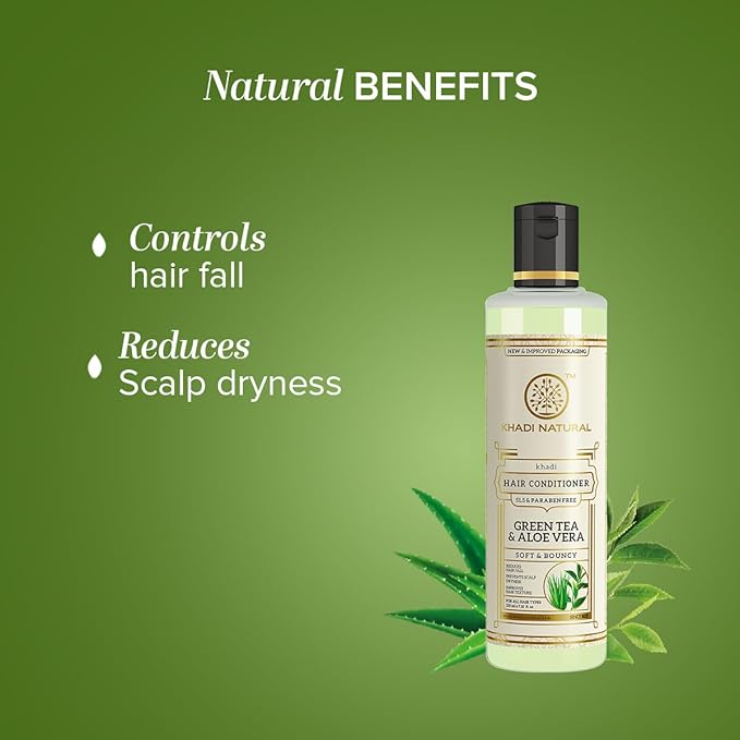 Shop Khadi Natural Green Tea &amp; Aloe Vera Conditioner 210ml. SLS-free formula for stronger, smoother hair. Order now in UAE with fast delivery.
