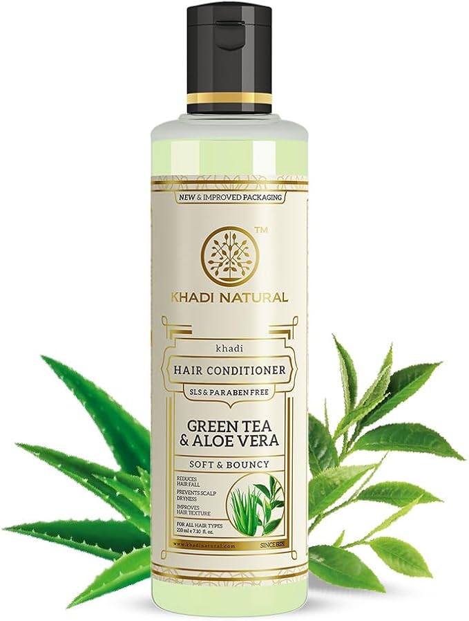 Shop Khadi Natural Green Tea &amp; Aloe Vera Conditioner 210ml. SLS-free formula for stronger, smoother hair. Order now in UAE with fast delivery.