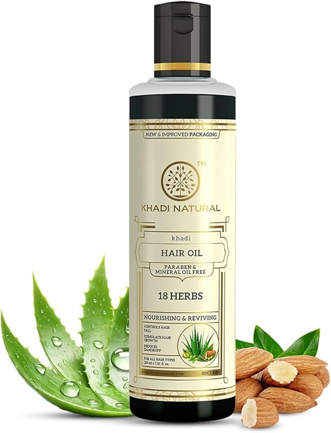 Shop Khadi Natural 18 Herbs Herbal Hair Oil – paraben &amp; mineral oil free. Nourishes hair and supports strength. Fast UAE delivery &amp; worldwide shipping. Order online.