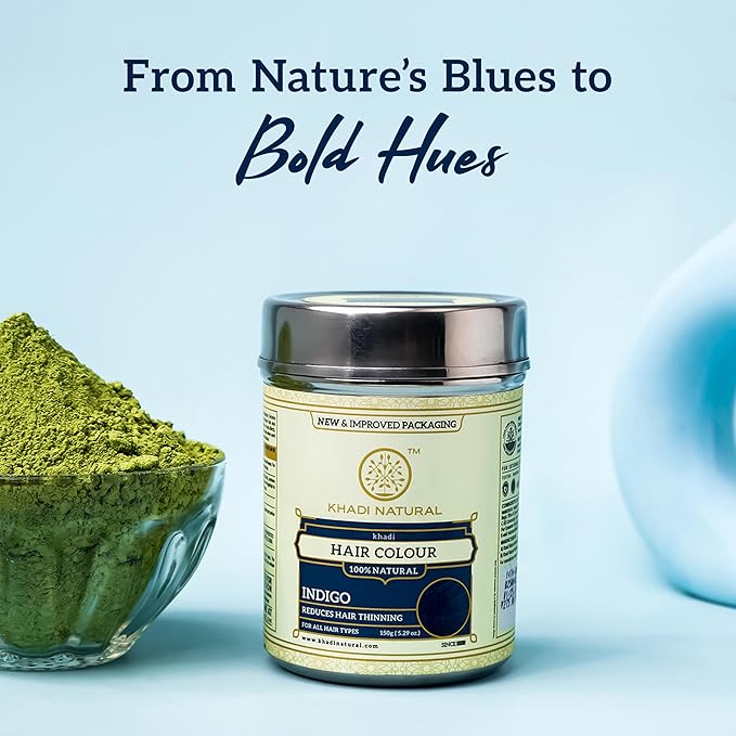 Shop Khadi Indigo Hair Color Powder in UAE. Natural herbal dye for rich dark hair. Order online in UAE with fast delivery.