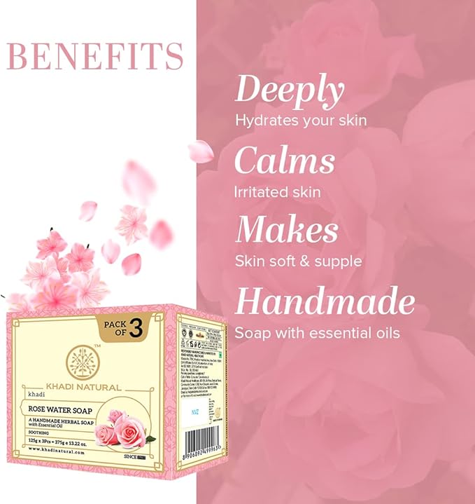 Shop Khadi Rosewater Soap Pack of 3 for soft, refreshed skin. Order online in UAE with fast delivery & worldwide shipping available.