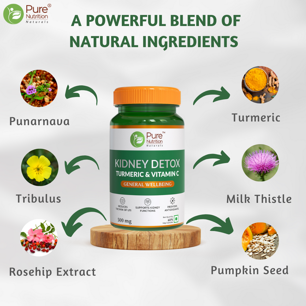 Pure Nutrition kidney detox capsules with punarnava gokhru turmeric rosehip for kidney support