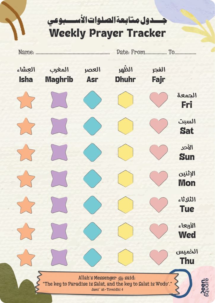 Magnetic Weekly Prayer Tracker A3 with whiteboard marker for tracking Salah – bilingual English Arabic chart on fridge photo