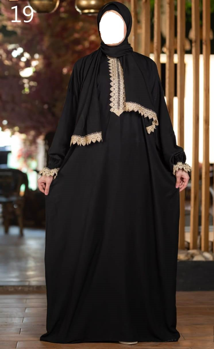 One Piece Prayer Dress with Shayla  - Black with embroidery (قطعة واحدة فستان صلاة مع شيلة - أسود مع تطريز)