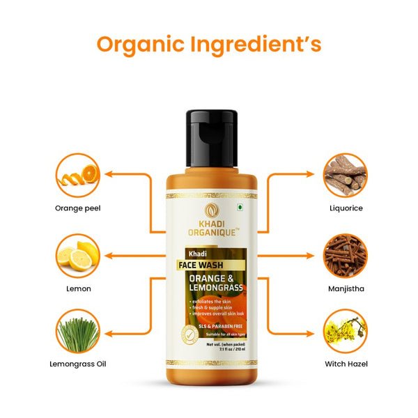 Khadi Organique Orange & Lemongrass Face Wash (SLS & PARABEN FREE) 210 ml