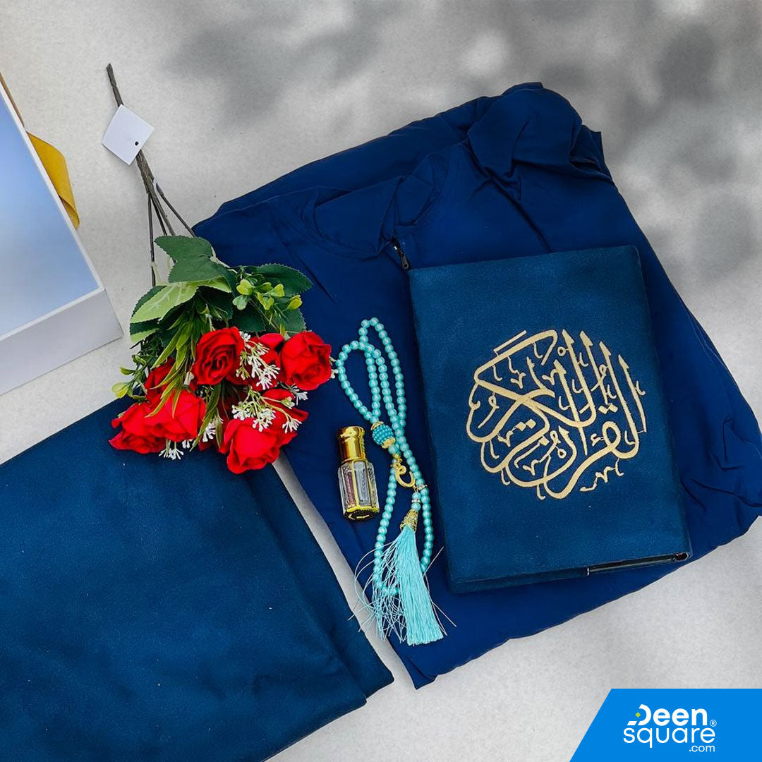 A premium Islamic gift set for women featuring a Qur’an, prayer mat, prayer dress, attar, tasbeeh, and elegant gift box. Perfect for weddings & Eid. Shipping Worldwide & across Dubai, Sharjah, Abu Dhabi, UAE