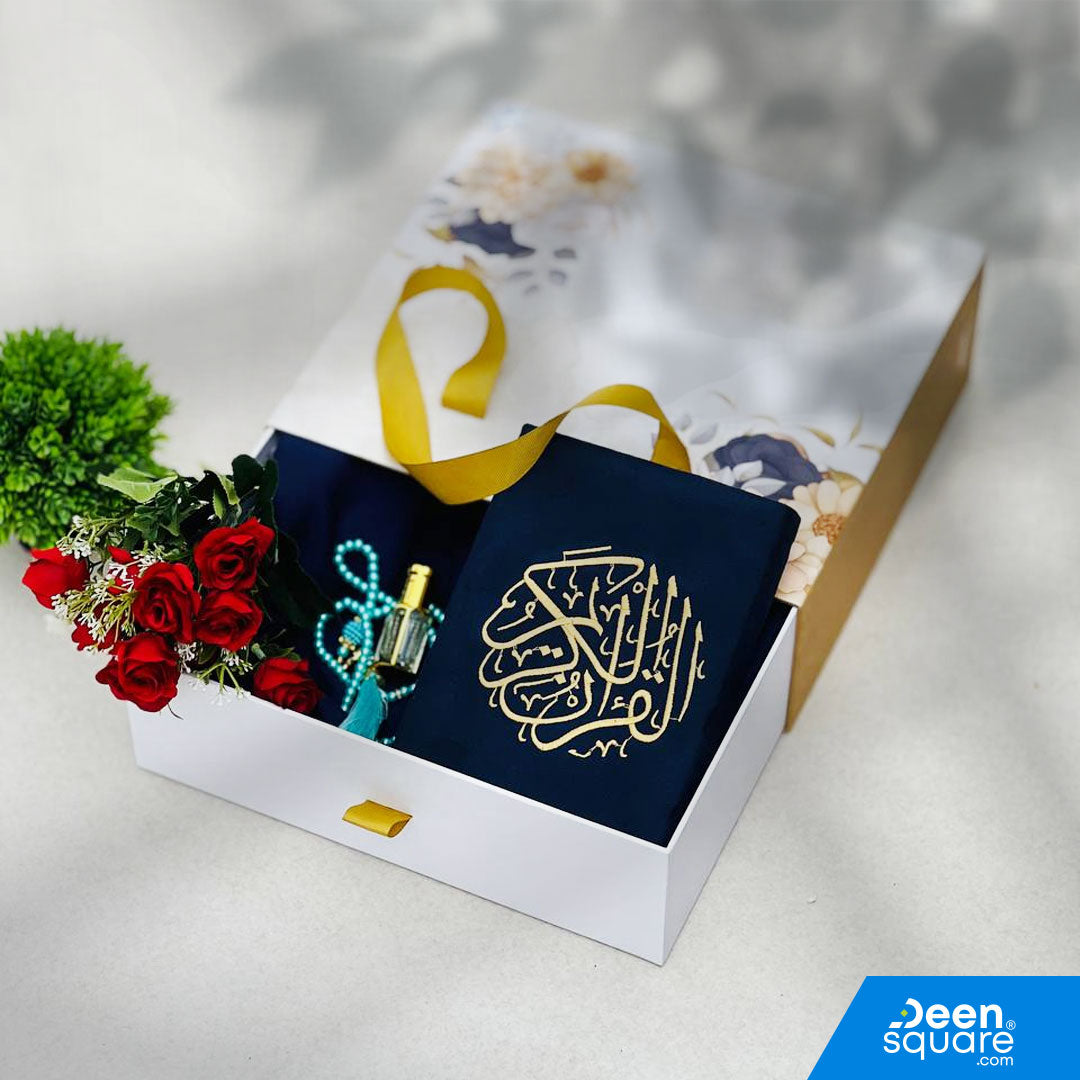 A premium Islamic gift set for women featuring a Qur’an, prayer mat, prayer dress, attar, tasbeeh, and elegant gift box. Perfect for weddings & Eid. Shipping Worldwide & across Dubai, Sharjah, Abu Dhabi, UAE