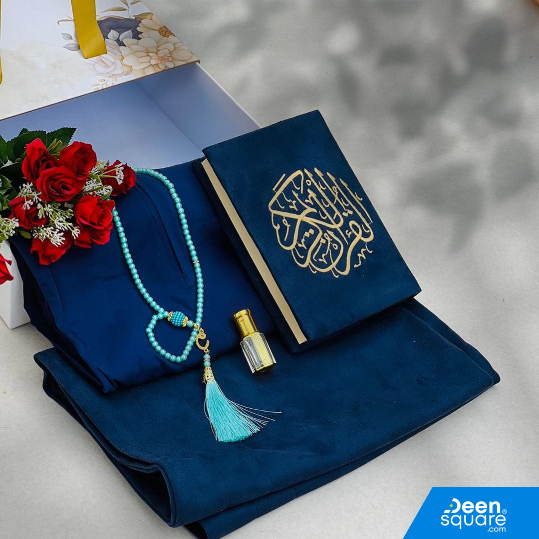 A premium Islamic gift set for women featuring a Qur’an, prayer mat, prayer dress, attar, tasbeeh, and elegant gift box. Perfect for weddings & Eid. Shipping Worldwide & across Dubai, Sharjah, Abu Dhabi, UAE