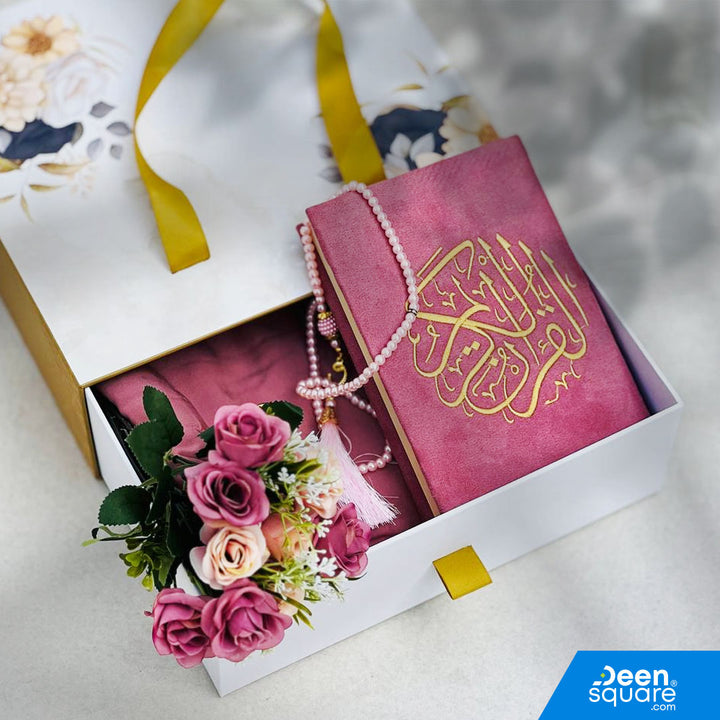 A premium Islamic gift set for women featuring a Qur’an, prayer mat, prayer dress, attar, tasbeeh, and elegant gift box. Perfect for weddings & Eid. Shipping Worldwide & across Dubai, Sharjah, Abu Dhabi, UAE