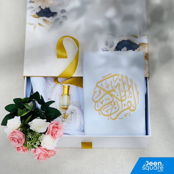 A premium Islamic gift set for women featuring a Qur’an, prayer mat, prayer dress, attar, tasbeeh, and elegant gift box. Perfect for weddings & Eid. Shipping Worldwide & across Dubai, Sharjah, Abu Dhabi, UAE