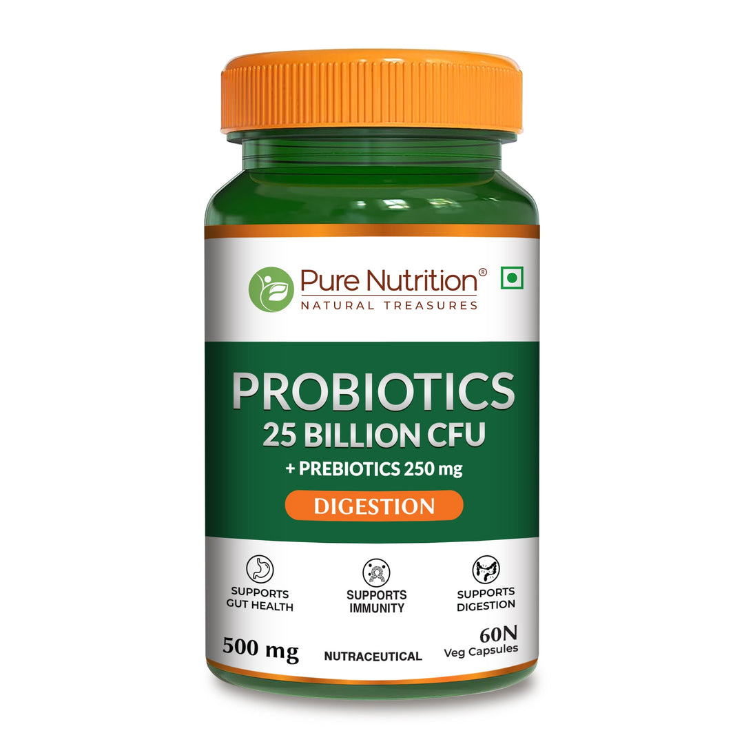 Pure Nutrition Probiotic 25 Billion CFU capsules with 10 strains and prebiotics supporting gut health, digestion and nutrient absorption.