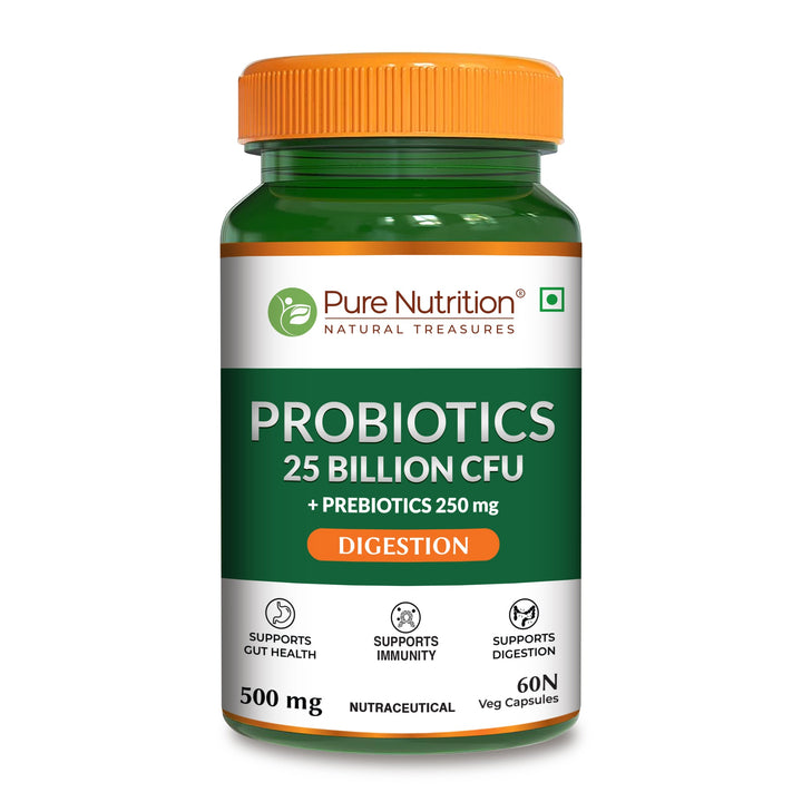 Pure Nutrition Probiotic 25 Billion CFU capsules with 10 strains and prebiotics supporting gut health, digestion and nutrient absorption.