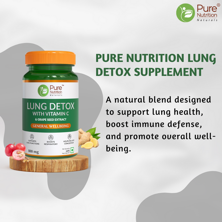 Pure Nutrition Lung Detox capsules featuring Vitamin C, Quercetin, Vasaka, Echinacea and botanical extracts.