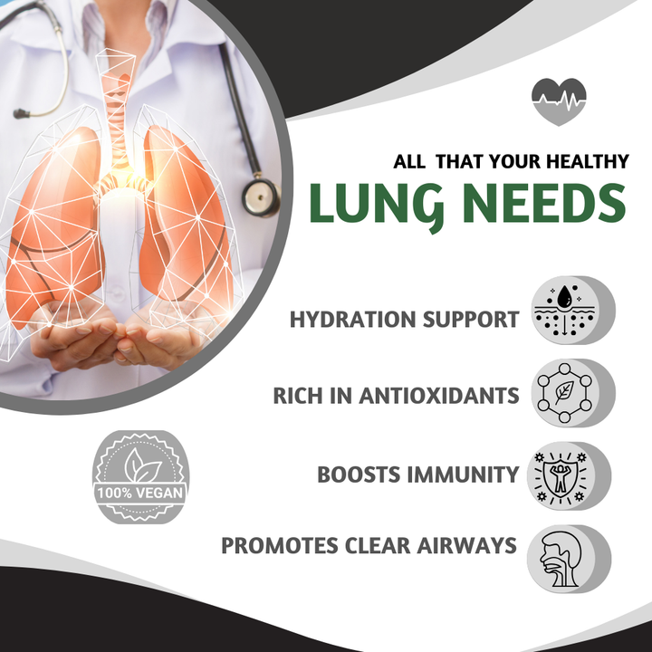 Pure Nutrition Lung Detox capsules featuring Vitamin C, Quercetin, Vasaka, Echinacea and botanical extracts.