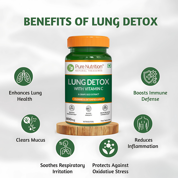 Pure Nutrition Lung Detox capsules featuring Vitamin C, Quercetin, Vasaka, Echinacea and botanical extracts.