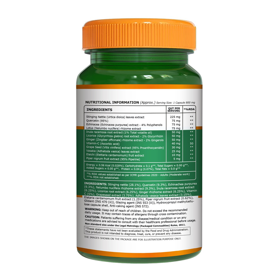 Pure Nutrition Lung Detox capsules featuring Vitamin C, Quercetin, Vasaka, Echinacea and botanical extracts.
