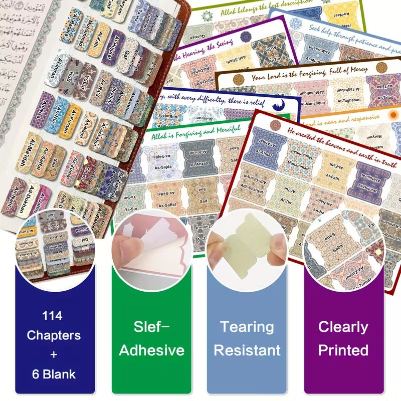 Quran Chapter Index Tabs – 114 Surahs + 6 Blank Tabs