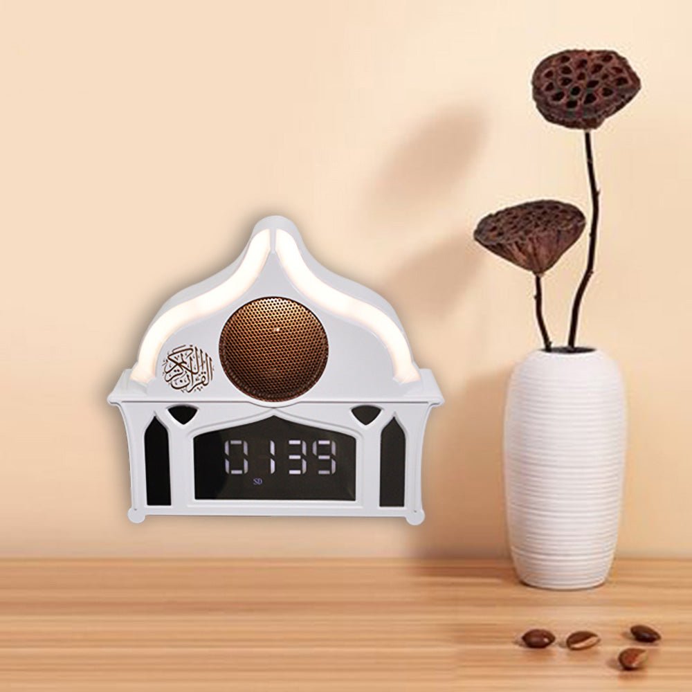 Buy SQ-912 Quran Speaker with LED Light &amp; Clock at deensquare.com Dubai | UAE. Enjoy Quran recitation, soft lighting, and a digital clock display.