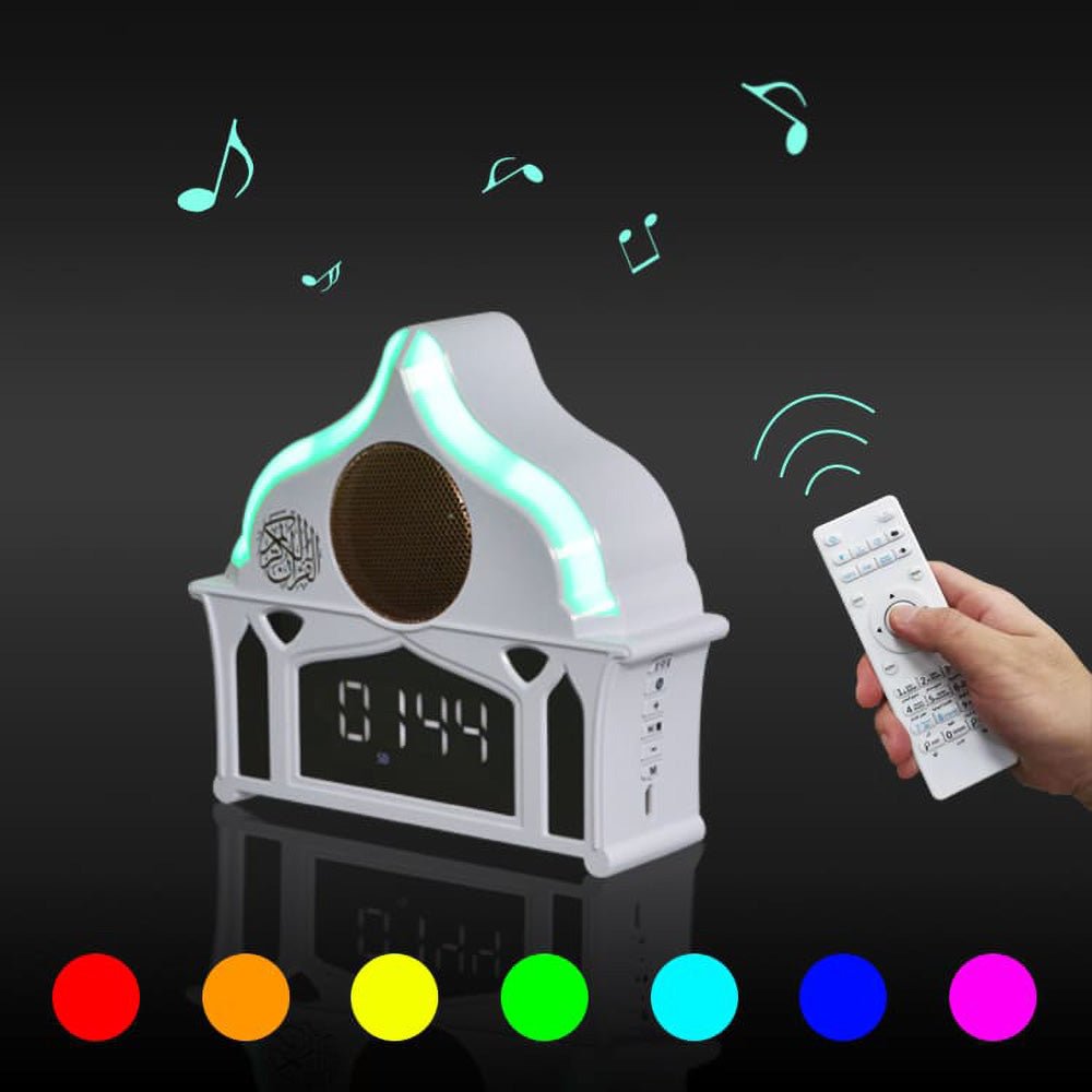 Buy SQ-912 Quran Speaker with LED Light & Clock at deensquare.com Dubai | UAE. Enjoy Quran recitation, soft lighting, and a digital clock display.