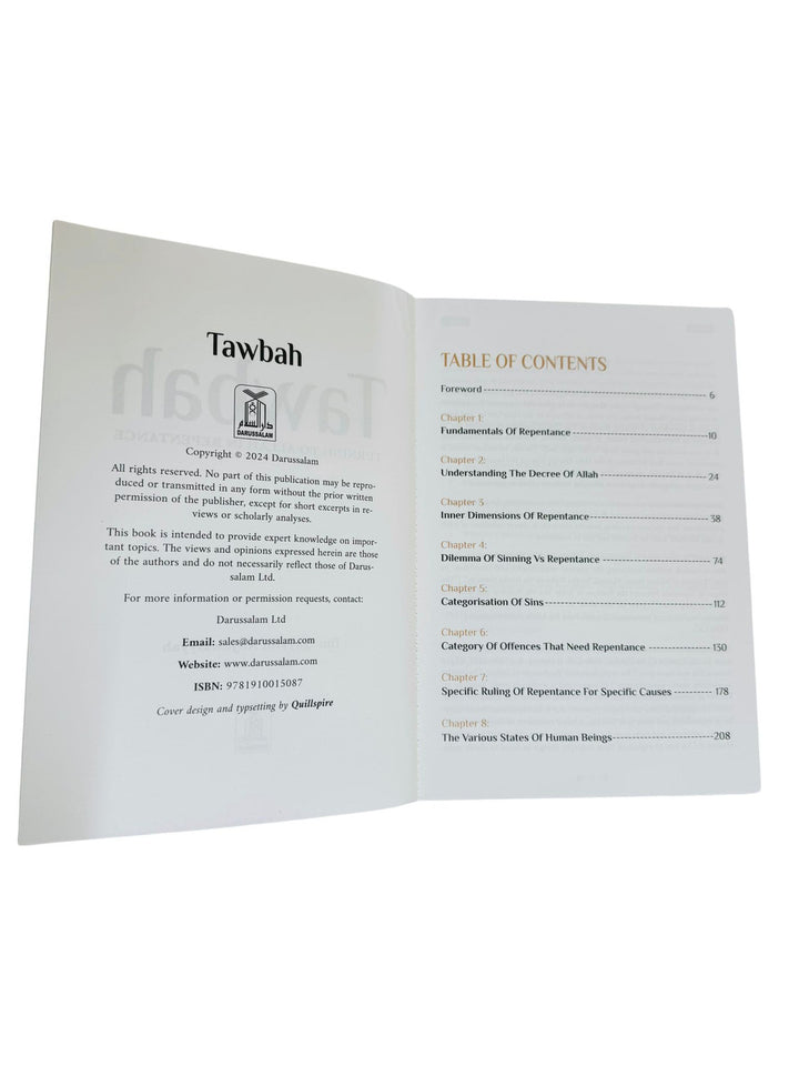 Inside pages of Tawbah by Ibn al-Qayyim showing clean Arabic-English layout