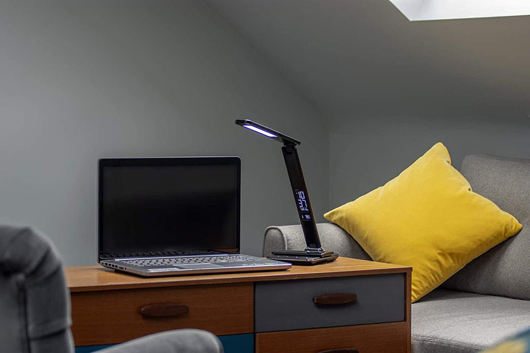 Buy U13Q LED Desk Lamp with Wireless Charger at deensquare.com Dubai | UAE. Features clock, calendar, alarm, temperature display &amp; 3 light modes.