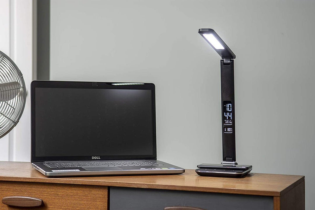 Buy U13Q LED Desk Lamp with Wireless Charger at deensquare.com Dubai | UAE. Features clock, calendar, alarm, temperature display &amp; 3 light modes.