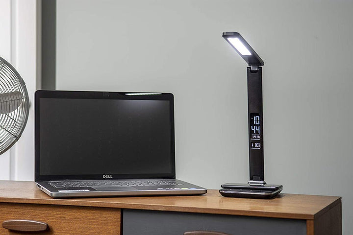 Buy U13Q LED Desk Lamp with Wireless Charger at deensquare.com Dubai | UAE. Features clock, calendar, alarm, temperature display &amp; 3 light modes.