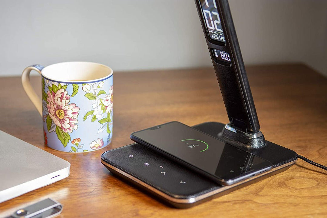 Buy U13Q LED Desk Lamp with Wireless Charger at deensquare.com Dubai | UAE. Features clock, calendar, alarm, temperature display &amp; 3 light modes.