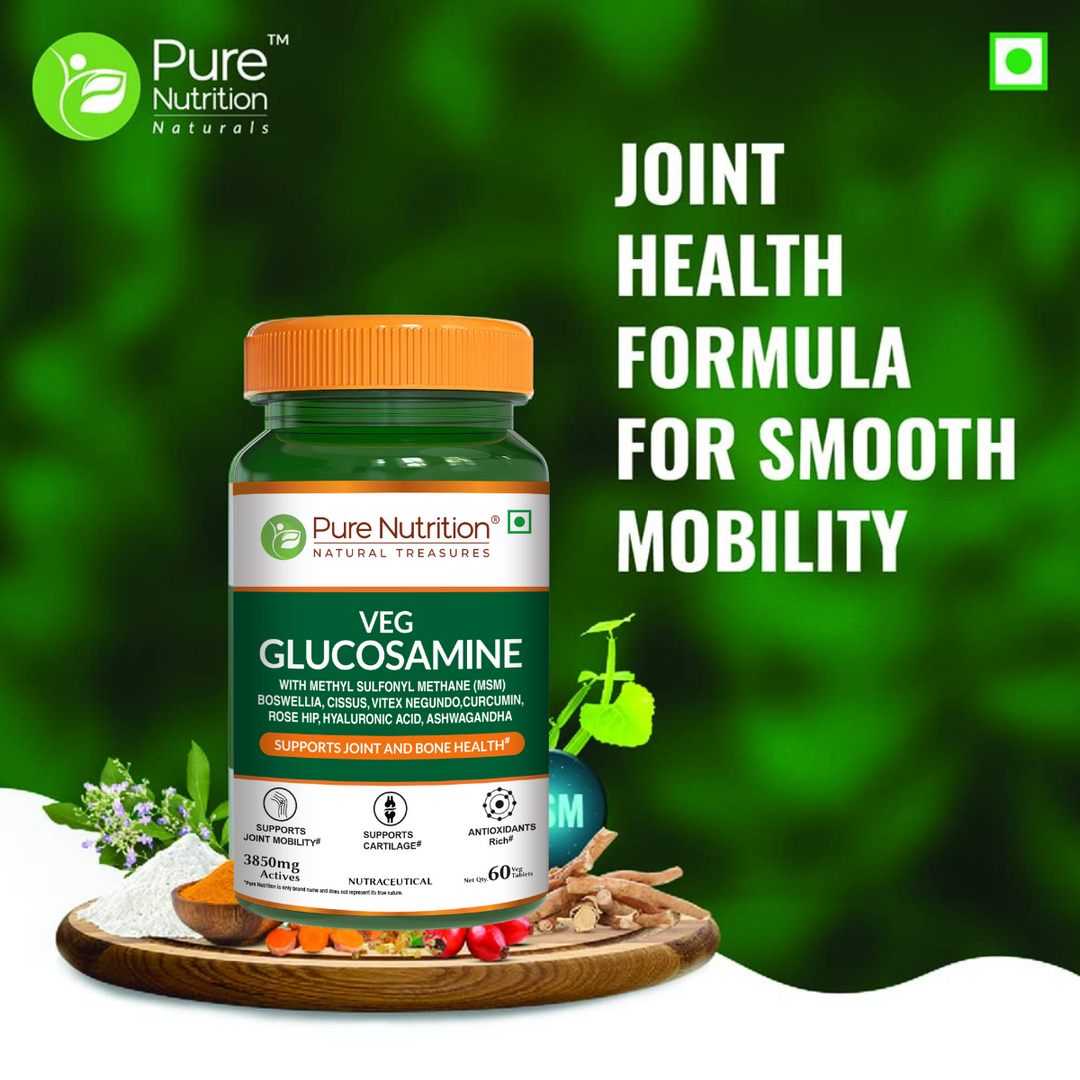 Pure Nutrition Vegan Glucosamine MSM with Boswellia tablets supporting joint health, cartilage support, mobility and inflammation relief.