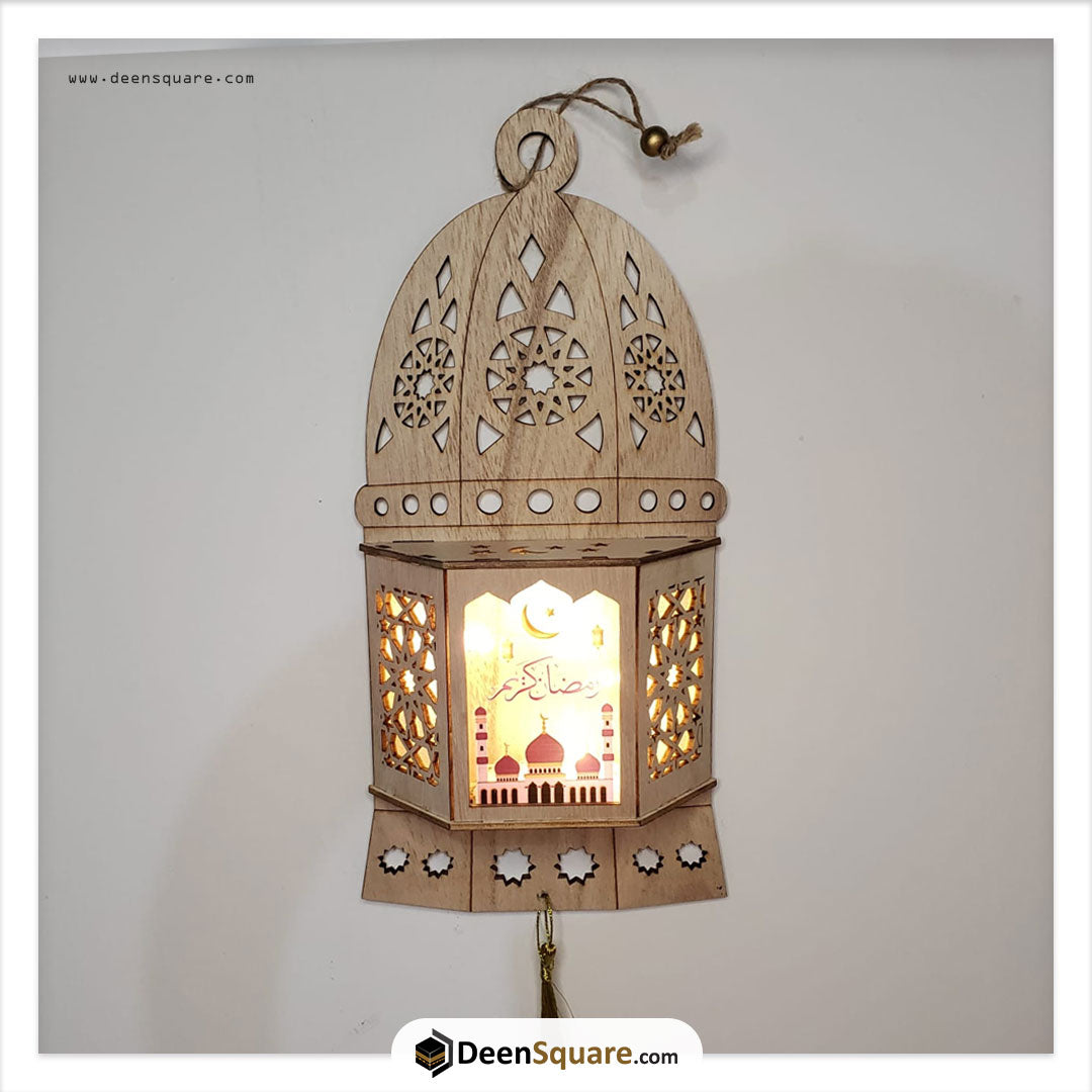 Ramadan Wooden Wall Hanging Lantern Decoration LED Lamp Light Brown