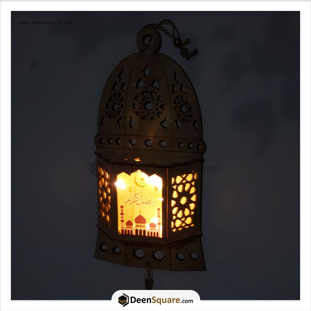 Ramadan Wooden Wall Hanging Lantern Decoration LED Lamp Light Brown