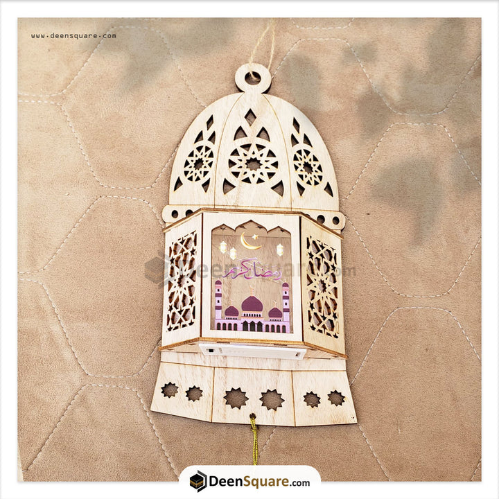Ramadan Wooden Wall Hanging Lantern Decoration LED Lamp Light Brown