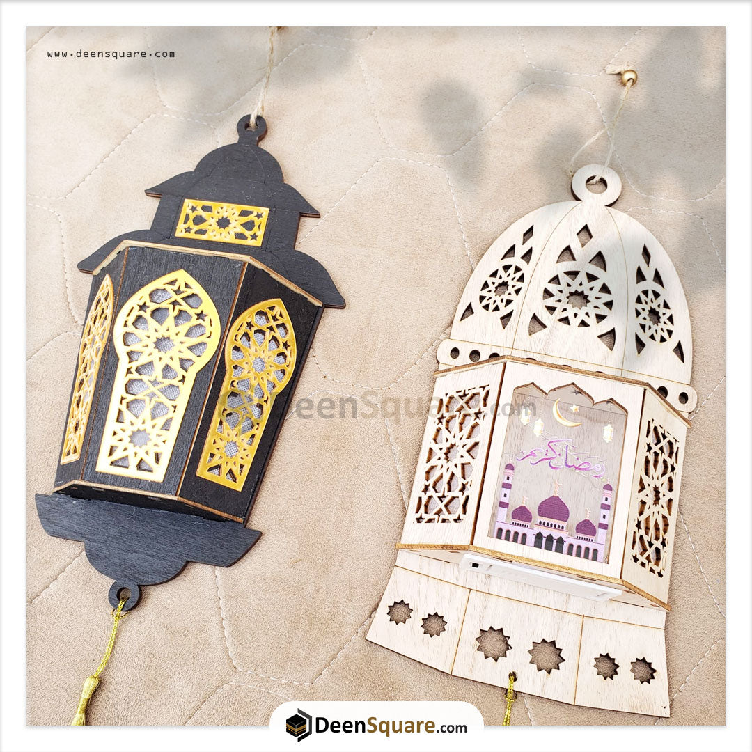 Ramadan Wooden Wall Hanging Lantern Decoration LED Lamp Light Brown