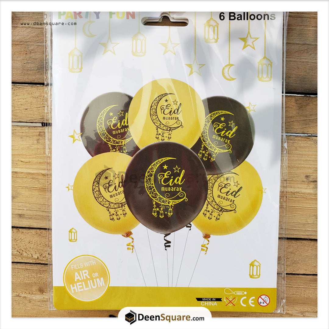6 x Black & Gold Latex Eid Mubarak Balloons Decorations